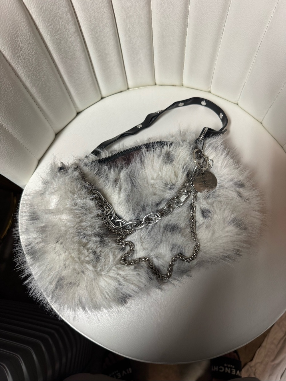 Faux Fur Silver-Accent Shoulder Bag - Soft Gray